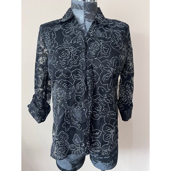 Elementz Women’s Sheer Black Floral Button Down Top - Picture 1 of 7